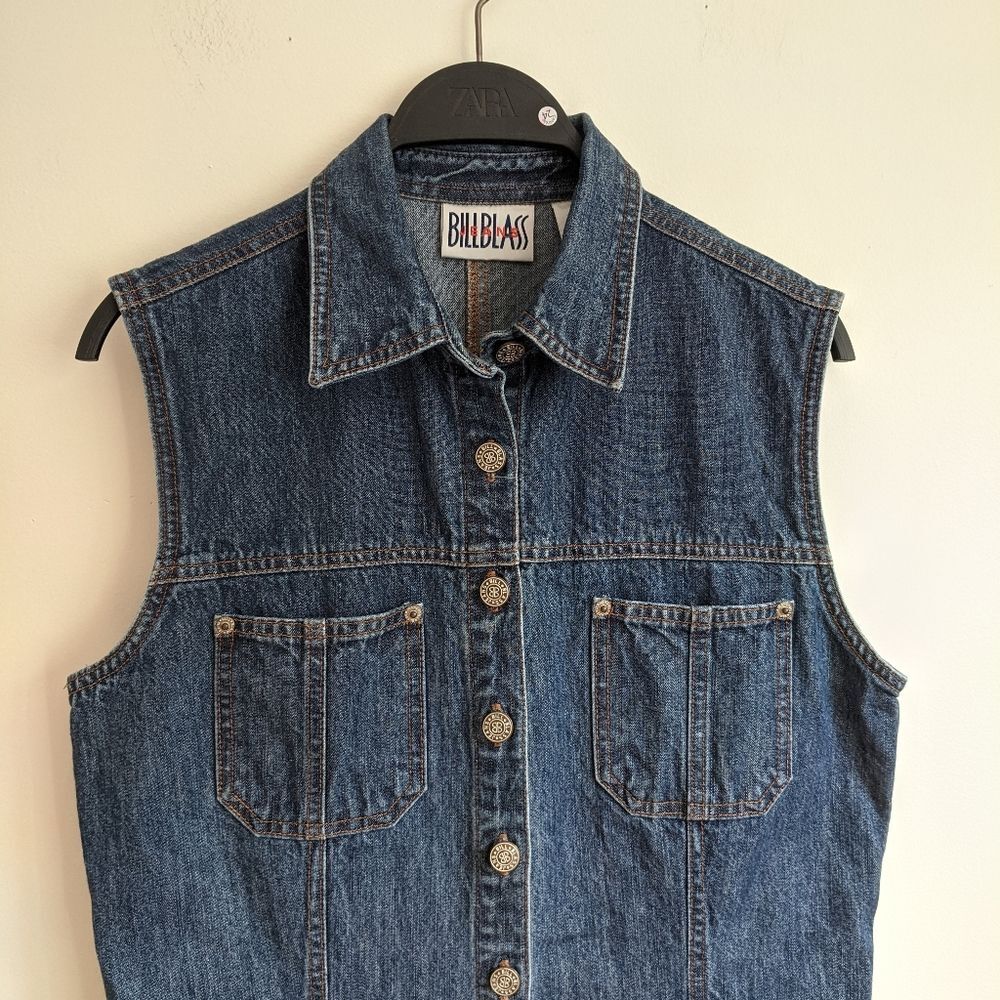 Vintage 90s Bill Blass Denim Button-Down Sleeveless Midi Dress. Dark Wash. - Picture 2 of 5